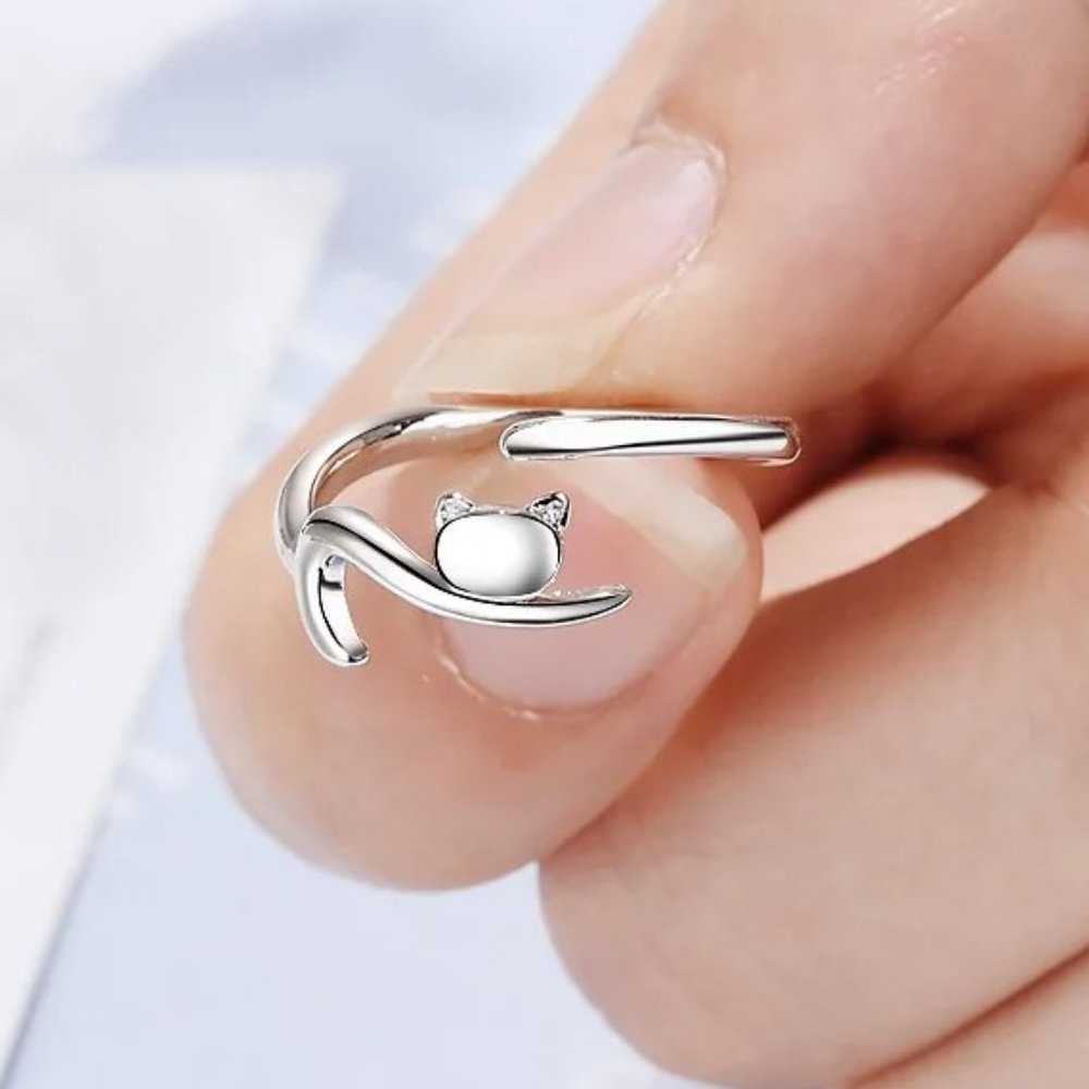 💎 Cat Lover Adjustable Ring 925 Sterling Silver Hugging Adjustable